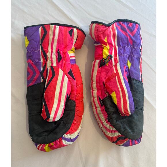 Obermeyer Vtg 90s Skiing Snow Winter Thermal mittins Thinsulate Pink Yellow purp - Picture 2 of 9